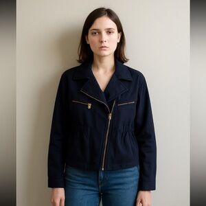 Dana Buchman Navy Cinch Waist Lightweight Jacket Gold Brass Detail Coat